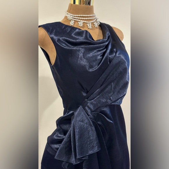 Anne Klien Satin Midnight Blue Midi Draped Cowl Neck Zipper Closure On Side Sz 6 - Picture 4 of 15